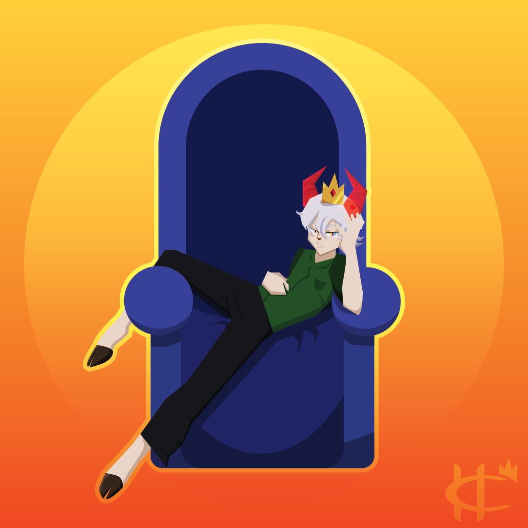 A profile picture of a fantasy character with red horns and a crown in a blue throne