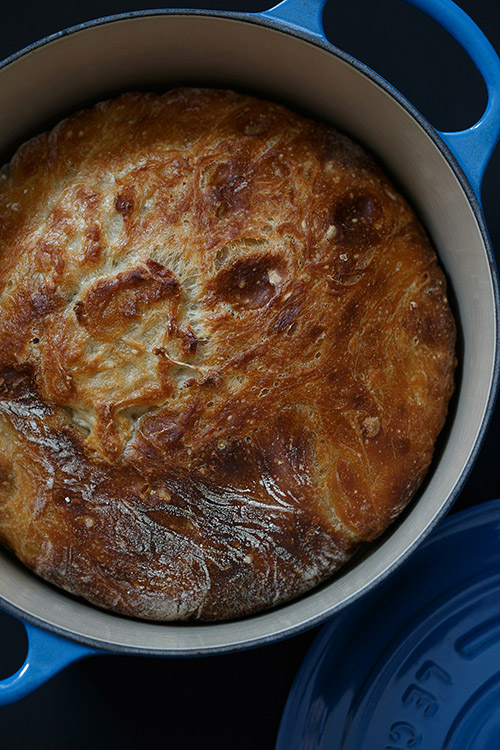 Freshly baked sourdough bread in a white and blue pot